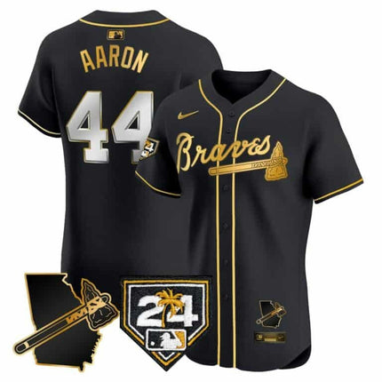 Hank Aaron Atlanta Braves 2024 Spring Training & Georgia Patch Vapor Premier Elite Black Jersey